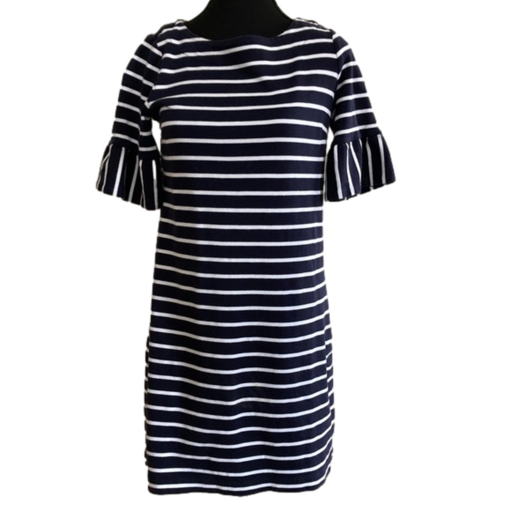 TALBOTS 100% cotton ruffle bell sleeve navy with white stripes shift dre…